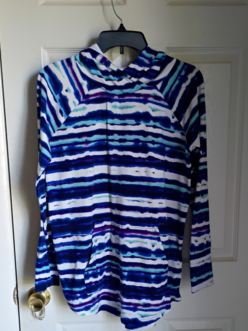 a blue, white, and purple striped LuLaRoe Amber Lightweight Hoodie